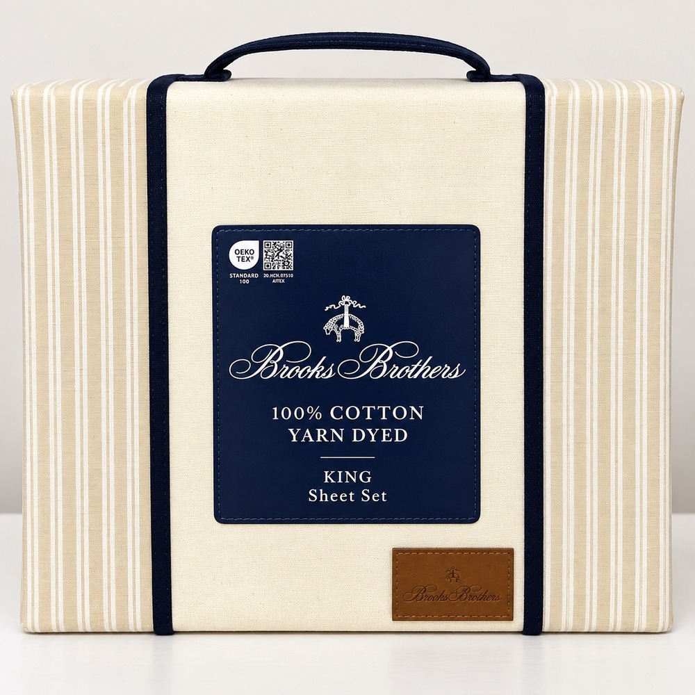 Brooks Brothers King Sheet Set 100% Cotton Yarn Dyed Tan White Stripe 4pc New